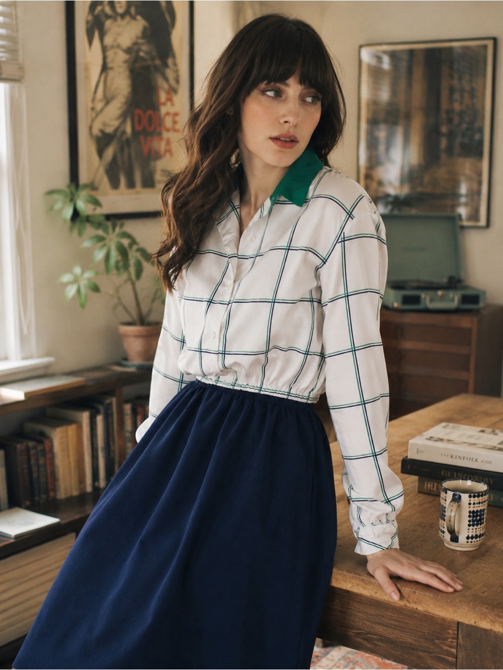 Navy & White Windowpane Midi Dress with Green Collar